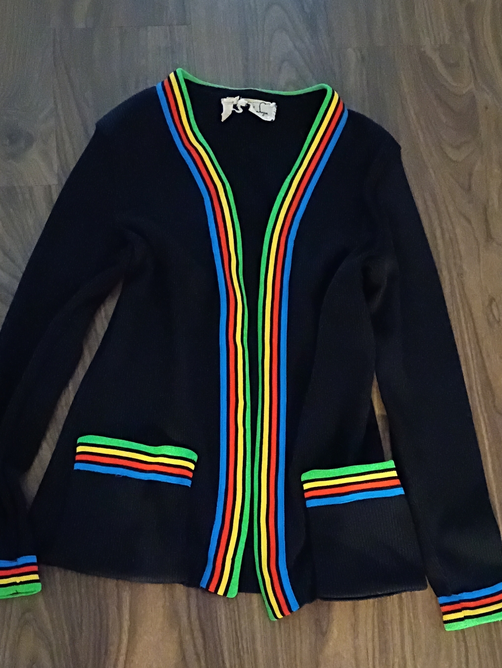 Jonathan Logan Black Open-Front Women's Cardigan with Multicolor Stripe Trim